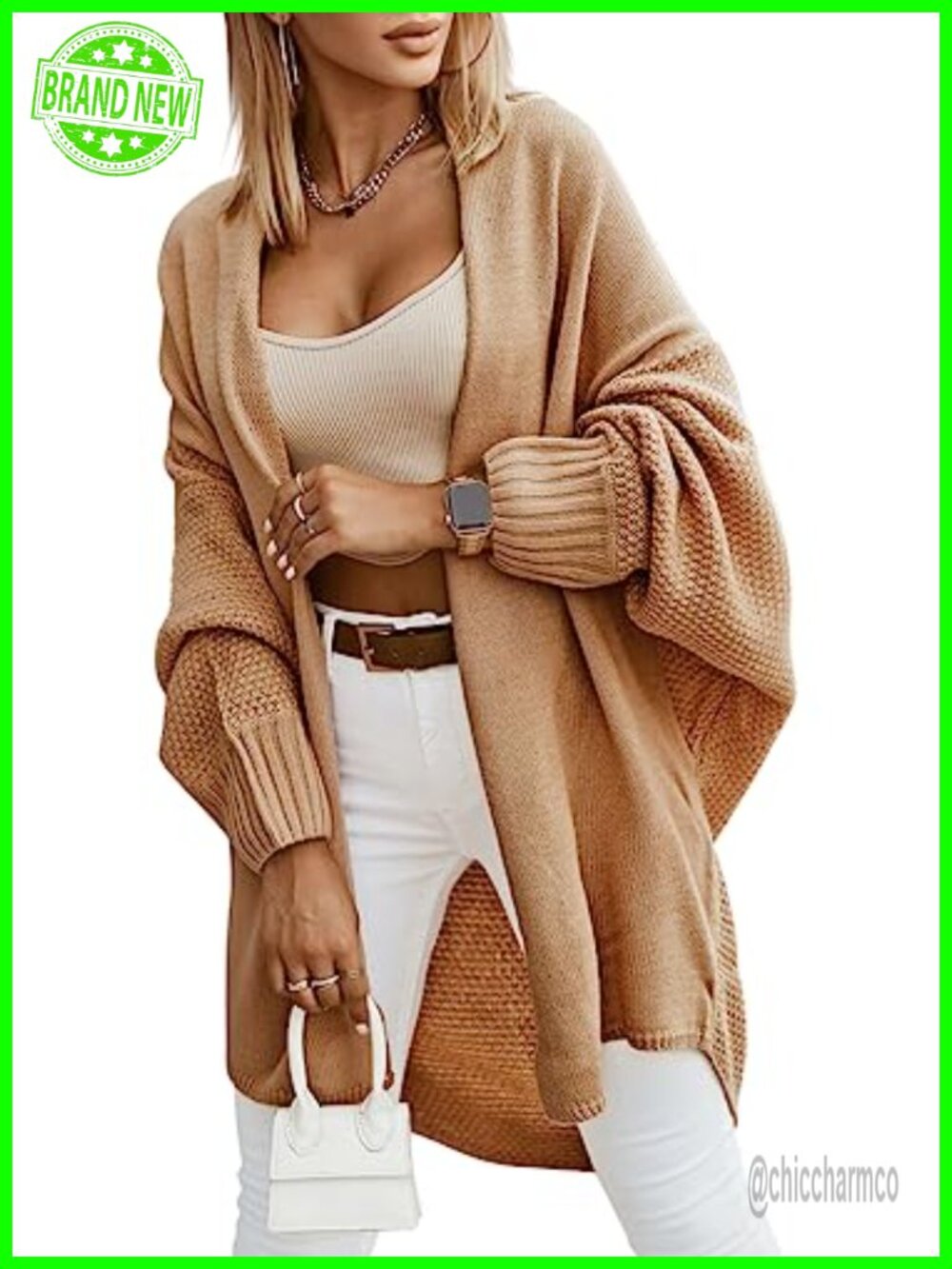 Oversized Long Open Front Cardigan Sweater with Lantern Sleeve Loose Fit Knit